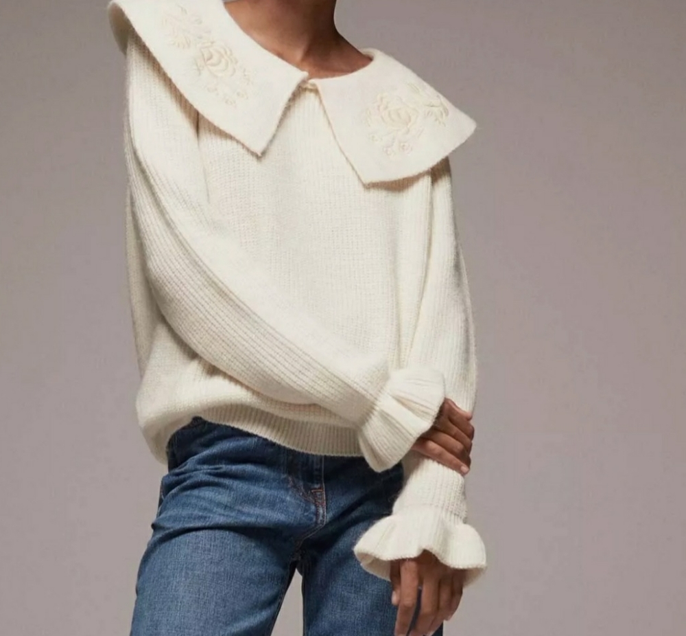 Zara Knit Sweater With Embroidered Collar Sz Large